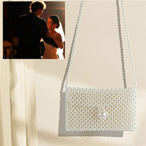 Handmade Pearl Beaded Clutch Purse Crossbody Shoulder Bag Wedding Evening - Picture 3 of 7